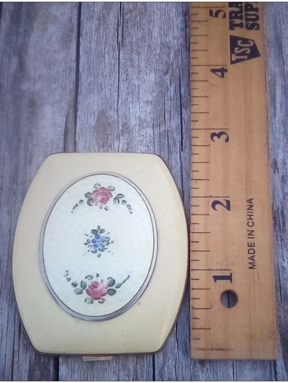 Vintage Floral Powder Compact Mirror Cream Yellow Vanity Case